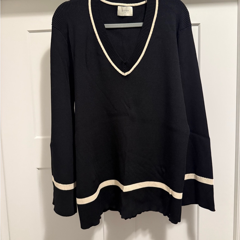 DISSH Black V-Neck Sweater with White Trim